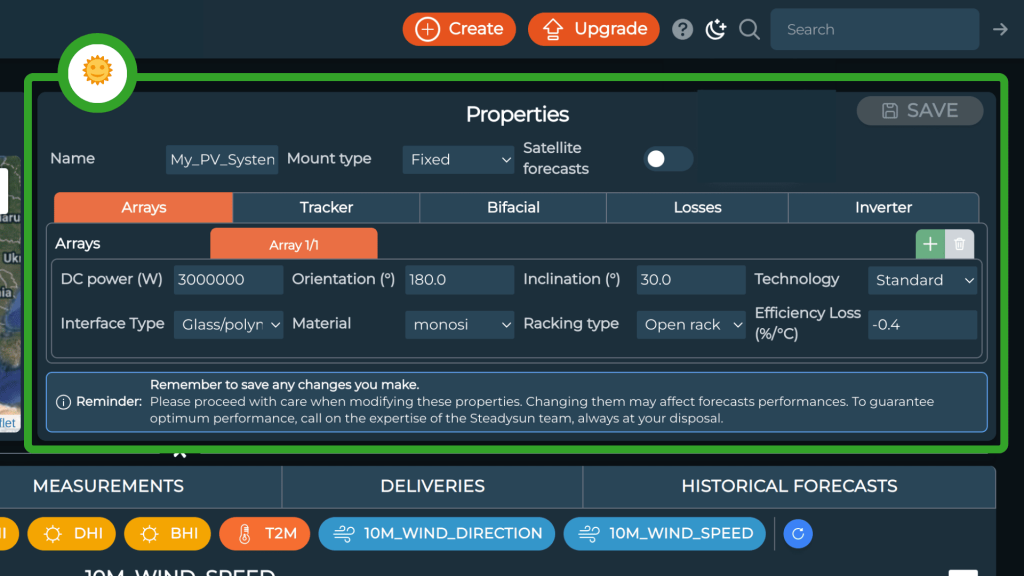 SteadyWeb - The properties box for PV sytems