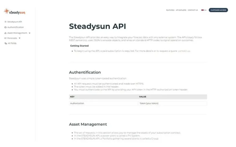 Screenshot of Steadysun API documentation