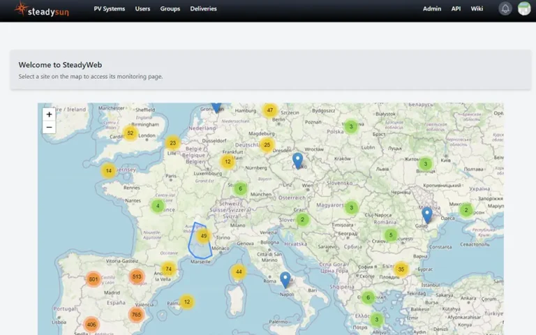 Steadyweb API panel screenshot with PV systems listed