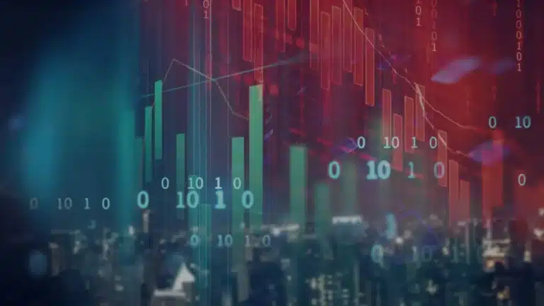 Screen displaying binary code and financial charts with blurred city skyline