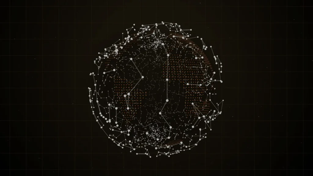 Digitized Earth with glowing connection points on a black background