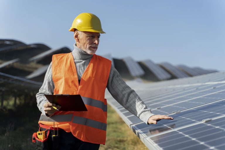 Technician inspecting solar panels