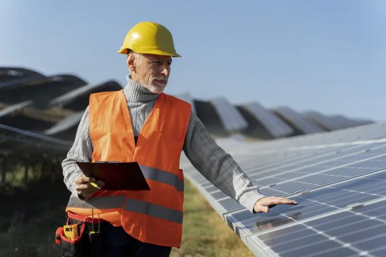 Technician inspecting solar panels