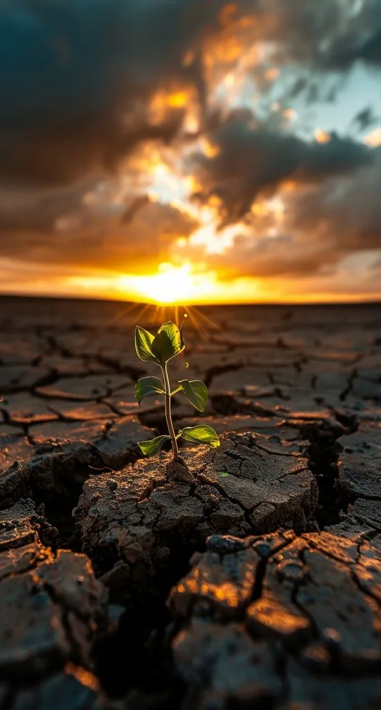 Freepik AI-generated plant growing from dry soil at sunrise