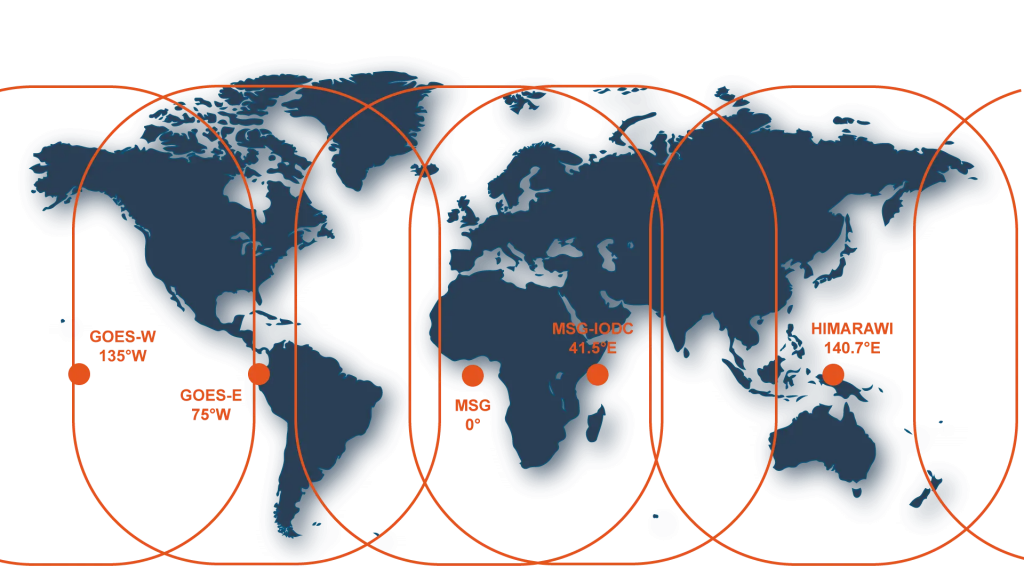 World map showing satellite coverage areas