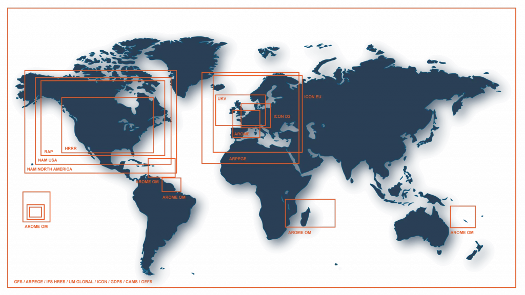 World map with weather models used in SteadyMet