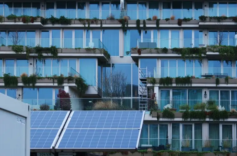 Building rooftop with solar panels
