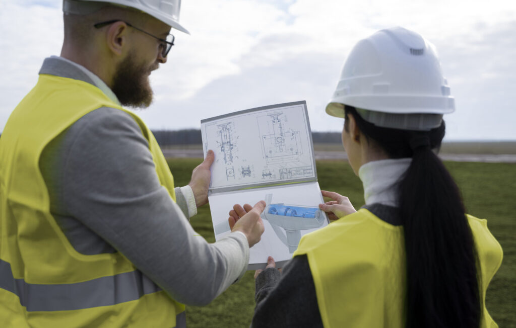 Two people examining a renewable energy layout outdoors