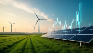 AI image of solar panels, wind turbines, and trading graphs