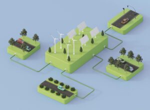 Electric car city layout with solar/wind energy system
