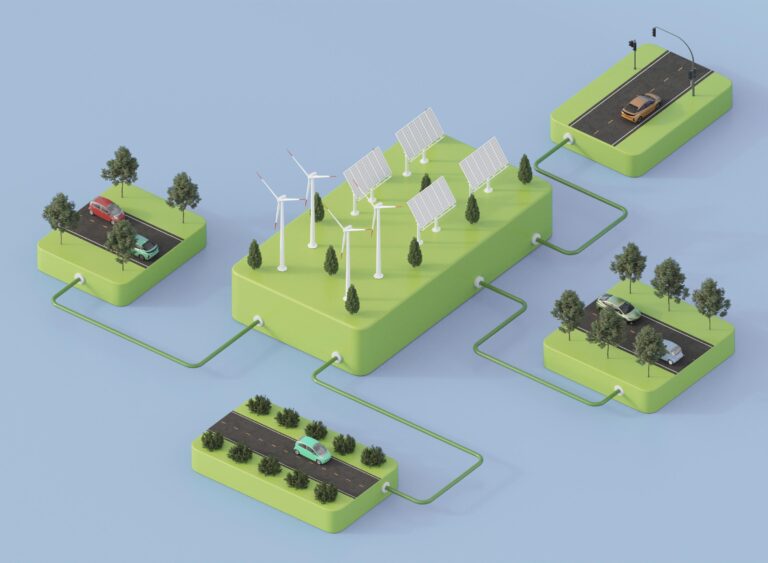 Electric car city layout with solar/wind energy system