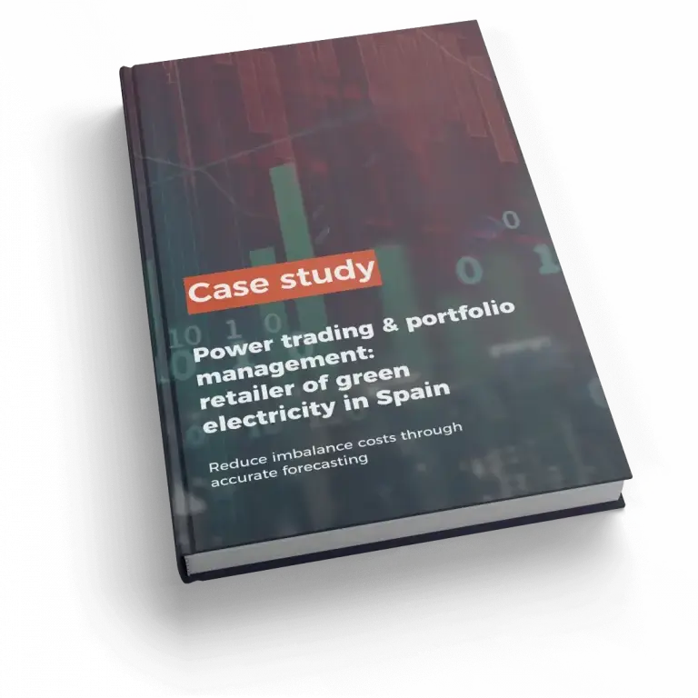 Booklet on power trading with title "Reduce Imbalance costs through accurate forecasting"
