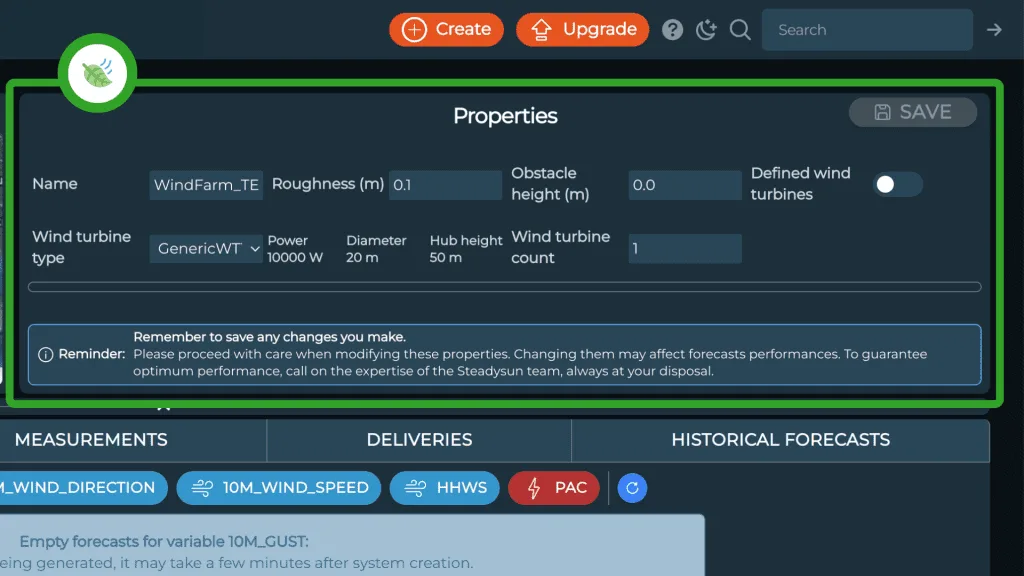 SteadyWeb - The properties box for WindFarms