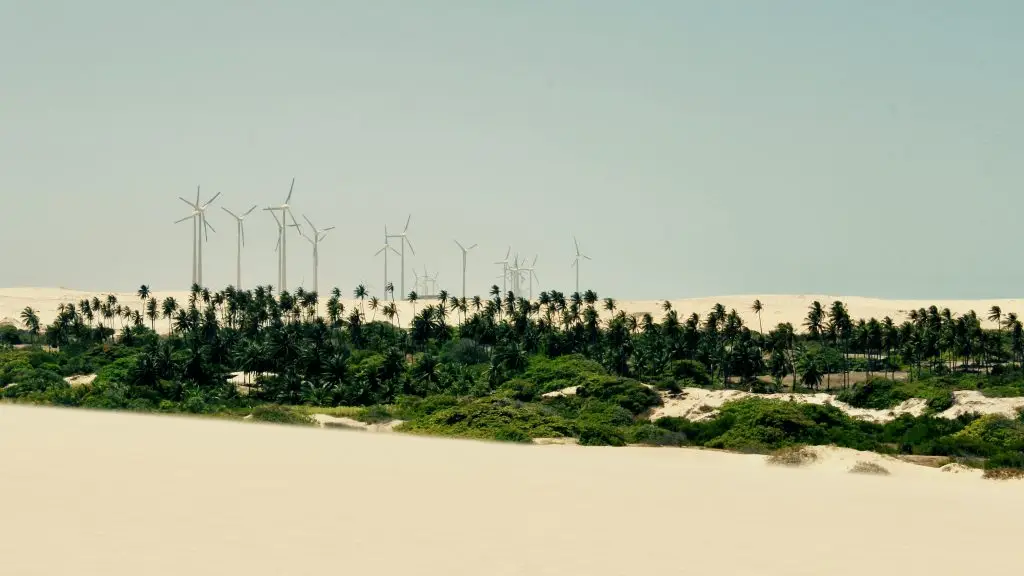 Wind turbine in sandy environment with palm trees