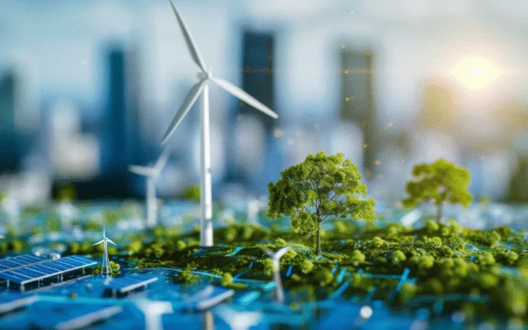 Solar panel and wind turbine installation with modern buildings in the background