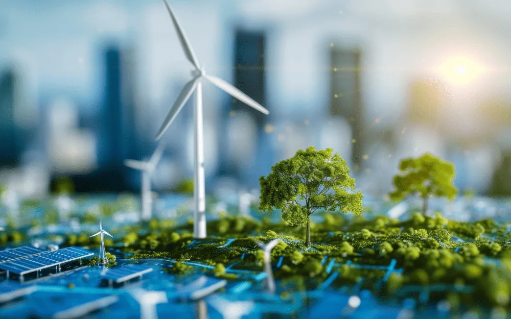 Solar panel and wind turbine installation with modern buildings in the background
