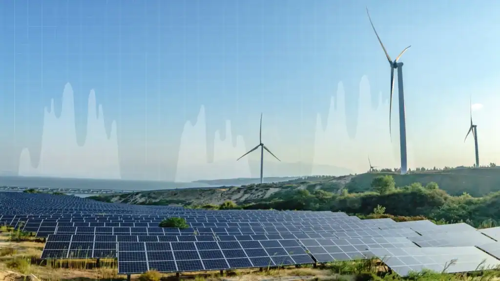 Solar panel and wind turbine with forecast graphic