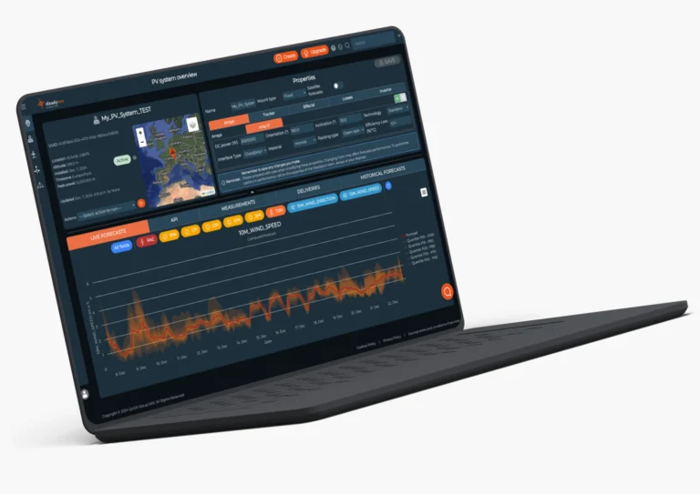 Laptop displaying the Steadyweb dashboard featuring a PV system overview, interactive map, and a wind speed graph with shaded probabilistic confidence intervals.