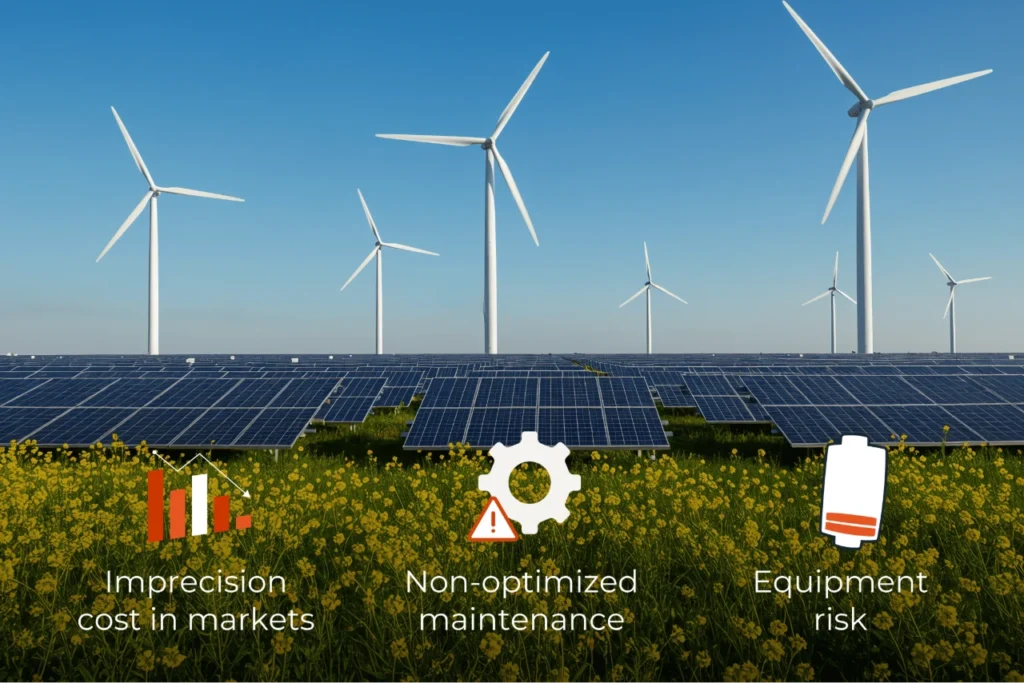 Hybrid renewable energy park featuring solar panels and wind turbines, overlaid with icons representing three key risks: market imprecision costs, non-optimized maintenance, and equipment failure.