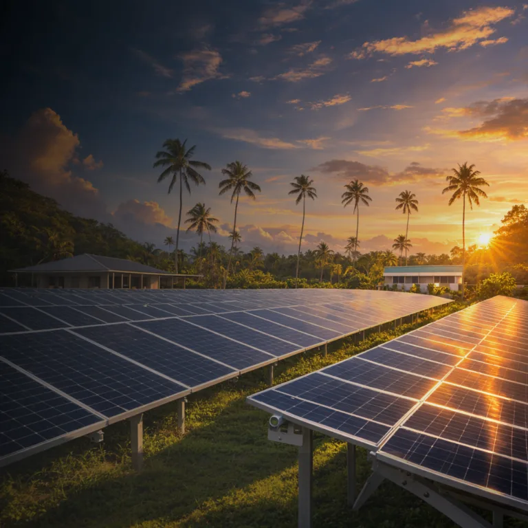 Solar farm in Tahiti at sunset illustrating the milestone of surpassing 50% renewable energy.