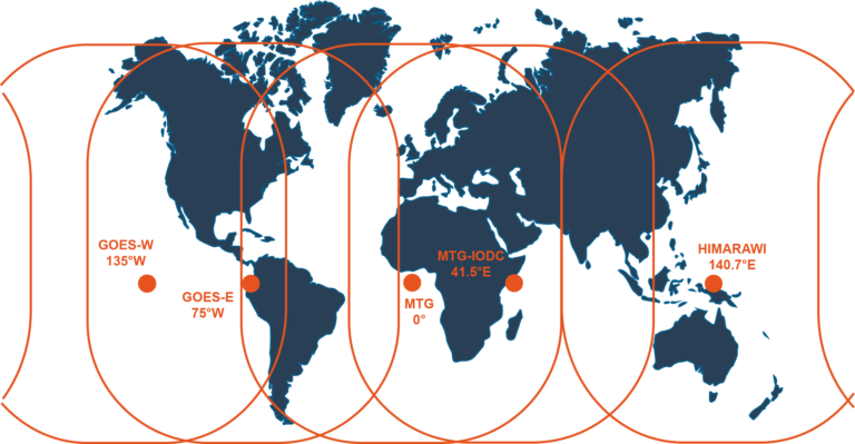 World map showing satellite coverage areas